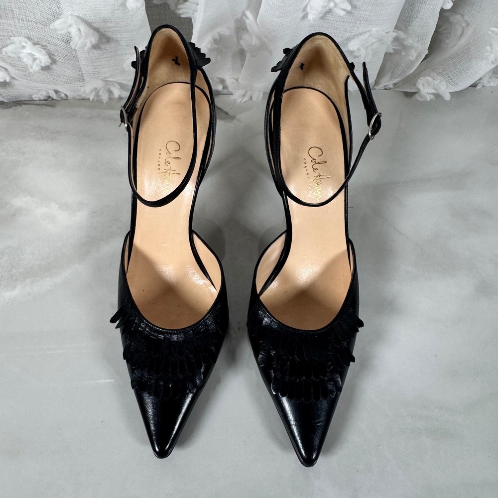 Cole Haan Collection Black Fringe Stiletto Heels Ankle Strap Pointed Toe Leather - Picture 2 of 15